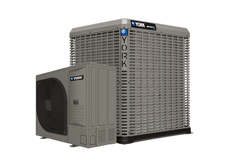 York Air Conditioning products HMH7 and YH8 side discharge unit with a traditional A/C unit installed near it